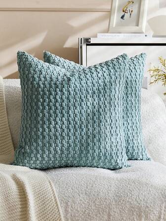 1 st bohemiskt randigt örngott i disig blå (kuddinlägg ingår ej), mjukt plyschigt manchestertyg enfärgat dekorativt fyrkantigt örngott, lämpligt för högtider, soffa, sovrum, säng, alla årstider