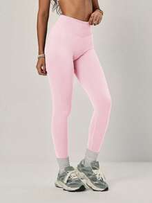 PinkTip 1pc Women's Solid Color Elastic Cycling Sports Leggings, Waist Cinching, Slimming, Comfortable, Suitable For Outdoor, Hiking, Yoga, Fitness, Running Pink Spring - Hồng - Xem 2