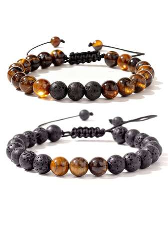 Pulsera de ojo de tigre de roca volcánica para mujeres y hombres, pareja, energía de poder, pulsera trenzada ajustable con cuentas, regalo del hijo a la madre