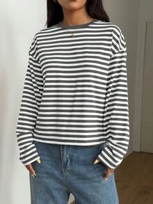 Women's Round Neck Drop Shoulder Long Sleeve Striped Contrast Ribbed Casual T-Shirt - White Grey - View 8