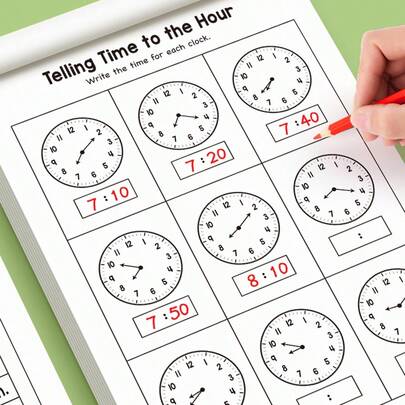 Lea la hora con precisión hasta la hora más cercana y escriba la hora en cada esfera del reloj: esto puede mejorar las capacidades cognitivas y la precisión del tiempo, ayudar a mejorar las habilidades de gestión del tiempo y es un pequeño regalo de ejercicio ideal.