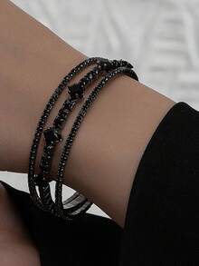 1pc Minimalist Single Row 3-Layer Open Bangle Bracelet With Glass Inlay - Black - View 3