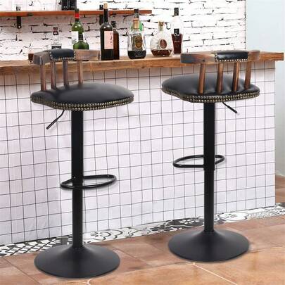 UNHO Vintage Industrial Bar Stool Set Of 2, Black Kitchen Chairs, 36x33x75cm, 360 Degree Rotatable, 60-80cm Height Adjustable,