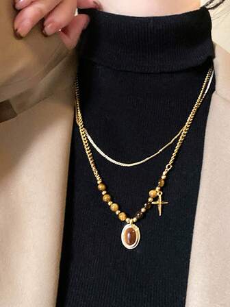 Vintage Malachite Tiger Eye Stone Pendant Necklace For Women, Layered Luxury Sweater Chain, Autumn/Winter Accessory