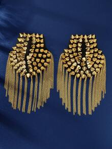 2件朋克风金色铆钉装饰肩章，可拆卸流苏链金属肩章，服装配饰 - 金色 - 查看 2