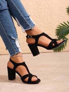 Sandalias de tacón ancho con punta abierta para mujer, estilo británico, nueva llegada primavera/verano 2026 - Negro - Ver 3