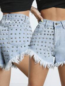 Y2K风格春夏铆钉纽扣拉链毛边性感女式牛仔短裤 - 藍色 - 查看 2