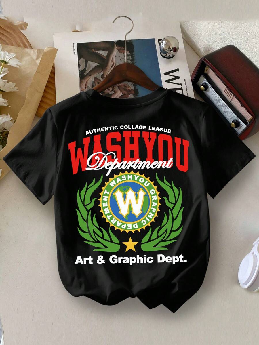 Camiseta de cuello redondo con estampado gráfico de letra W para niño, casual y deportiva, de verano - Negro - Ver 1