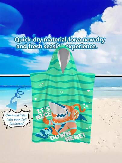 1pc Underwater Creatures Shark Wave Colorful Text Palm Tree Polyester Hooded Poncho, Plus Size Beach Towel - Vibrant Shark Design, Beach Towel, Soft & Durable Polyester Robe, Suitable For Swimming, Travel And Beach Vacation, Men And Women Bathrobes, Bath Towels, Women Bathrobes, Bathroom Decor, Home Decor