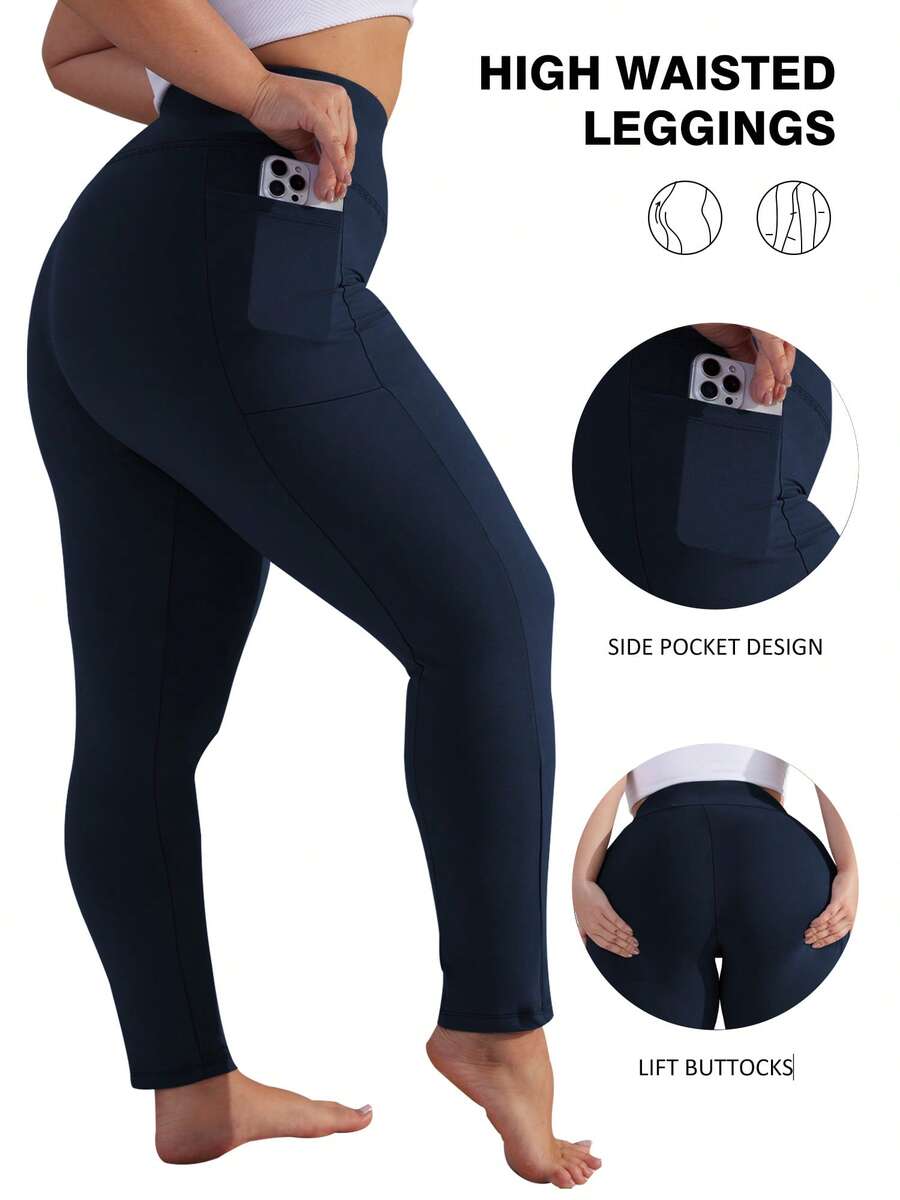 Calça Legging de Yoga Feminina Plus Size com Cintura Alta, Vários Bolsos e Cor Sólida - Calça Esportiva Modeladora e com Controle Abdominal - Macia, Respirável, Elástica e Confortável - Ideal para Yoga e Fitness