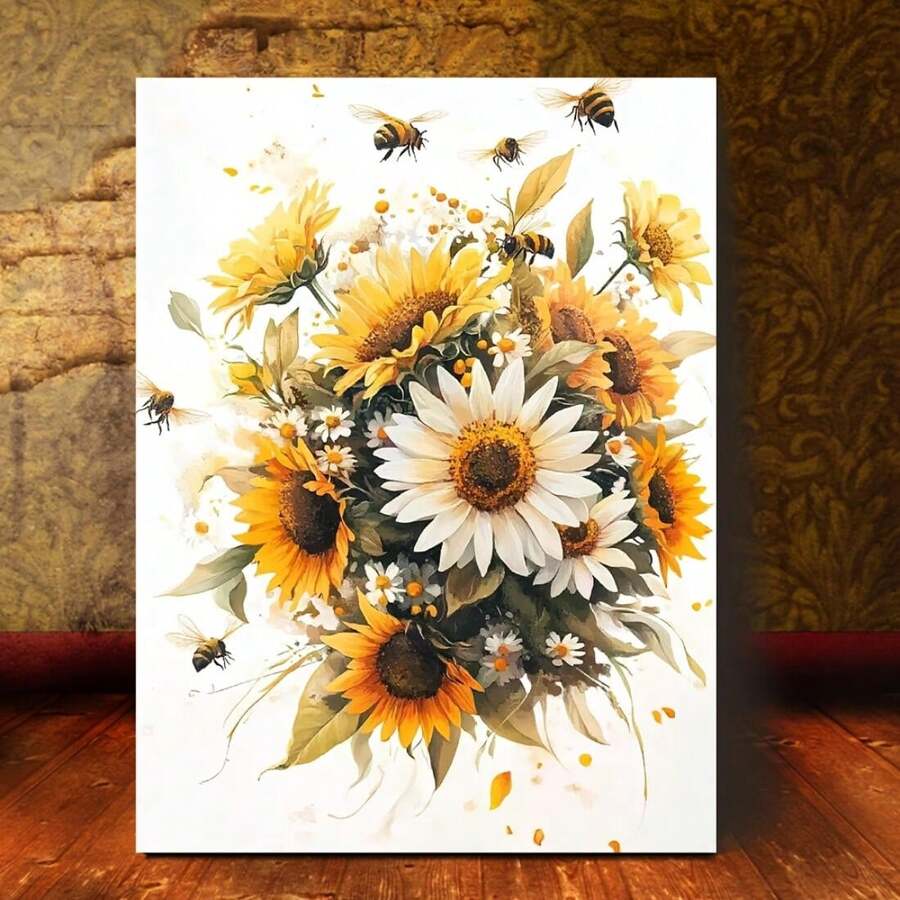 1pc Vibrant Sunflower & Daisy Bouquet Canvas Wall Art - Cheerful Floral Nature Print With Bees - Bright Yellow & White Home Decor For Living Room, Bedroom, Kitchen. - Nhiều màu - Xem 1