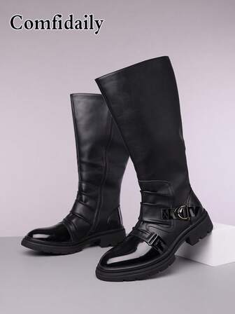 Bottes d'hiver pour hommes en cuir verni et patchwork, style décontracté polyvalent. Bottes montantes mode à boucle de couleur unie