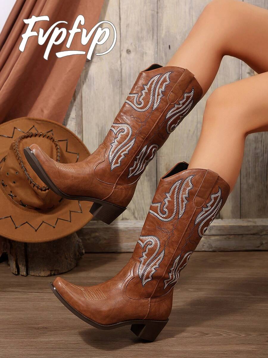 FVPFVP Hezui同款多功能西部牛仔靴，厚底刺绣靴筒骑马靴，复古中筒牛仔靴，2025秋冬款