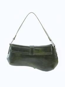 新款深绿色蜡皮腋下包，机车风单肩包，复古手提包，休闲腋下包，Y2K水桶包，新月包，少女街头风，节日礼物，派对，日常佩戴，新款女包，深绿色PU包