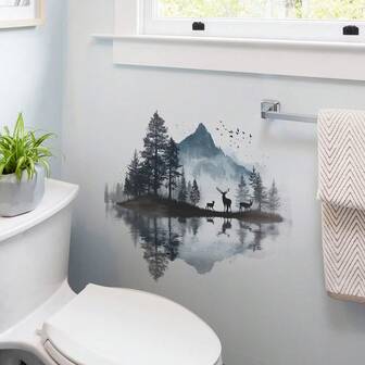 1pc Landscape Reflection Deer Silhouette Wall Sticker, Creative DIY Removable Decorative Sticker For Living Room, Bedroom, Study, Door, Window, Glass Decor