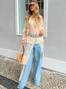 Women's Round Neck Lace Short Front And Long Back Casual Top, Long Sleeve Asymmetrical High Low Dress Cover-Up - 杏色 - 查看 7
