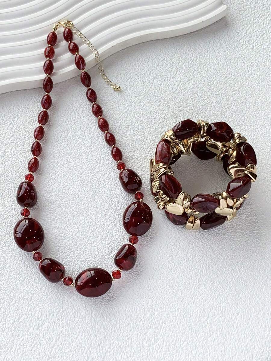 4pcs Vintage Boho Thick Multi-Layer Burgundy Acrylic Beaded Bracelet/Necklace Set, Luxury High-End For Women, Couples, Party, Daily Wear