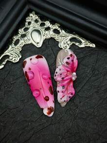 10pcs Cute Baroque Y2K French Shiny Cat Eye Metal Acrylic False Nails Set, Includes Handmade Long Pointed Pink, Gold, Purple, Orange, Blue, Green Nail Tips With Hand-Painted Floral, Wavy Cat Eye, 3D Tie-Dye, 3D Crown, Heart, Butterfly, Sun, Star, Zebra, Leopard, Turquoise Patterns, Suitable For Christmas - Màu Hồng Tươi - Xem 5