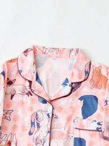Women's Cat Print Long Sleeve Long Pants Pajama Set - Pink - View 2