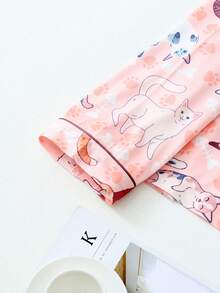 Women's Cat Print Long Sleeve Long Pants Pajama Set - Pink - View 3