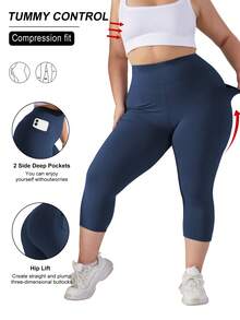 Quần legging dài đến mắt cá chân 7/8 màu trơn dành cho nữ cỡ lớn, cạp cao, ôm bụng, tạo hiệu ứng nâng mông, có túi bên hông, chất liệu co giãn (XL-5X) - ôm sát, co giãn spandex, phù hợp cho tập thể dục, đạp xe, yoga mùa hè. - Dark Blue - Xem 5