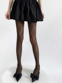 1双镂空菱形图案连裤袜，弹性百搭透明秋季连裤袜 - 彩色 - 查看 4