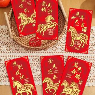 1 Set Of 6pcs Golden Horse - Year Of The Horse Red Envelopes - Traditional Chinese New Year Gift Bags - With Golden Horses, Money For Spring Festival, Paper Currency For Chinese New Year, Graduation, Thanksgiving, New Year