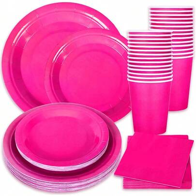10/20/80pcs Fuchsia Party Supplies Disposable Tableware Set, Includes Plates, Cups, Napkins, Wedding Birthday Party Decorations, Shiny Pink Holiday Celebration Supplies, Serves 20 Guests