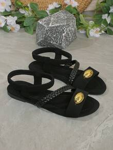 2026 Sommer Neue Flache Riemen Sandalen, 1 Paar elegante flache Schuhe mit modischem Retro-Goldschnallen-Sandalen, Strandurlaubs-Schuhe, elegante preppy College-Chic-Urlaubs-Strand-Boho-Lässig-PU-Leder-Schnallen-Strand-Festival-Hochzeit-College-Urlaubs-Party-Büro-Innen-Außen-Frühling-Sommer-Herbst - Schwarz - Übersicht 3