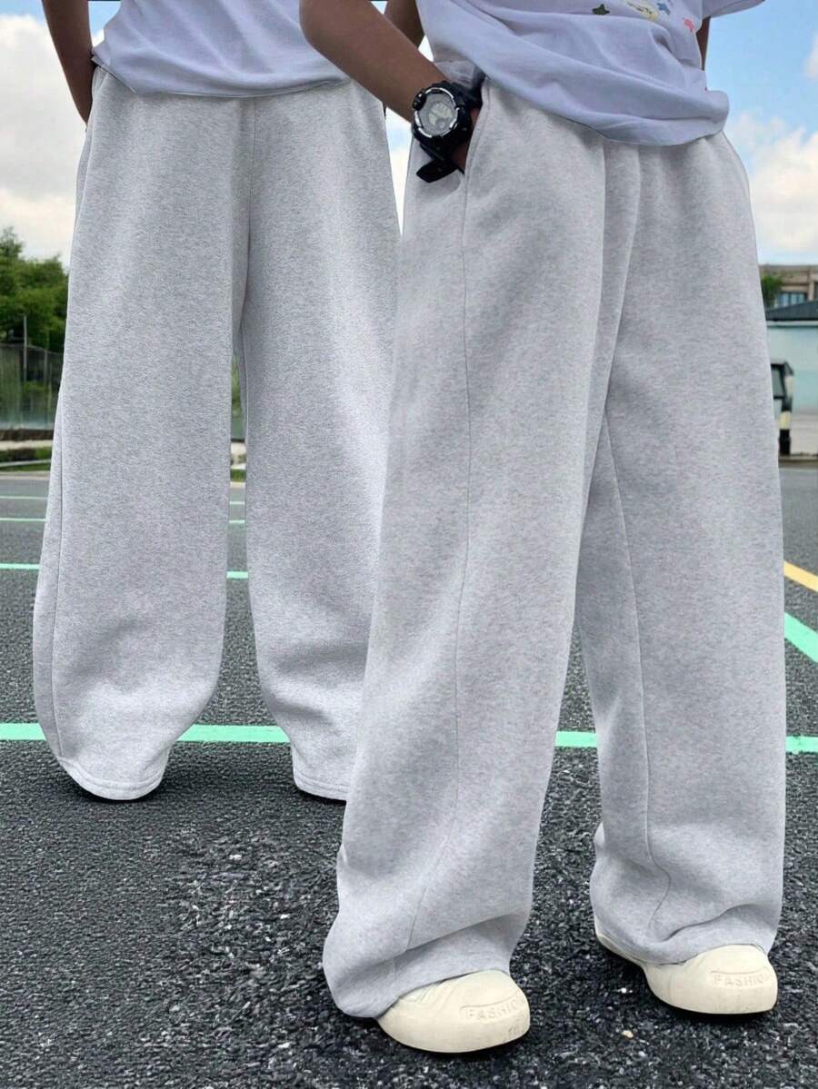 1pc Tween Boys Casual Loose Fit Thermal Lined Straight Leg Pants, Suitable For Outdoor Sports, Thick & Warm, Spring/Autumn/Winter - Grey - View 1