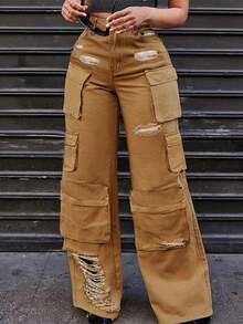 Women's Casual, Loose-Fitting Straight-Leg Jeans With Multiple Openwork Pockets. The Solid Color Design Features Distressed Details And Multiple Pockets, Making Them Suitable For All Seasons And Occasions Such As Everyday Outings, Back-To-School Season, Country Music Concerts, Parties, And Clubs. - 棕色 - 查看 3