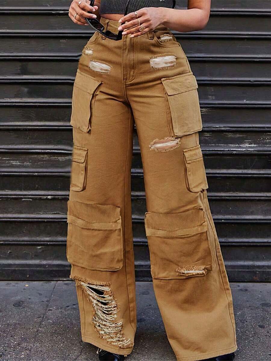 Women's Casual, Loose-Fitting Straight-Leg Jeans With Multiple Openwork Pockets. The Solid Color Design Features Distressed Details And Multiple Pockets, Making Them Suitable For All Seasons And Occasions Such As Everyday Outings, Back-To-School Season, Country Music Concerts, Parties, And Clubs. Mujer - Brown - View 1