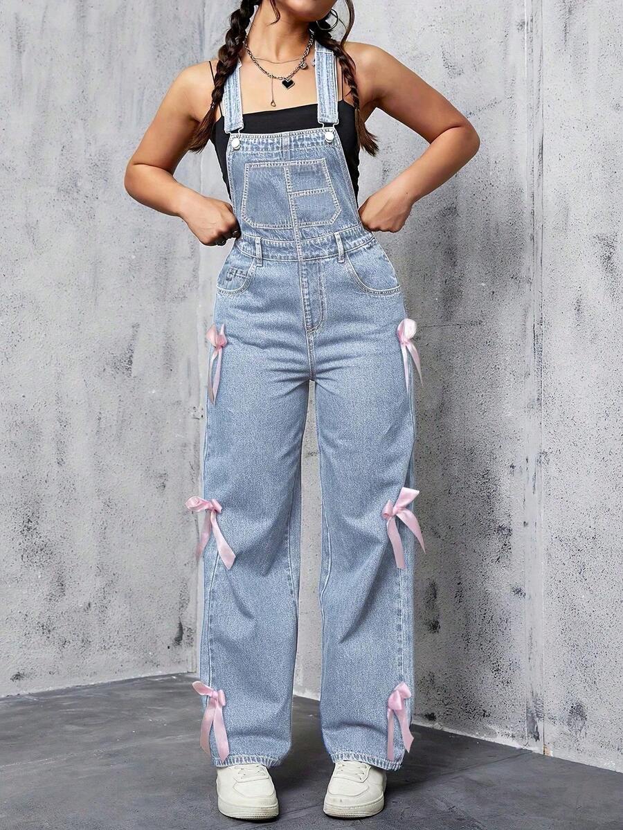 Women's Y2K Fashionable Slim Fit Casual Denim Overalls, Paired With Sexy Backless, Pink Bow Tie,Cocktail Party, Party, Christmas, Nightclub, Banquet, Film Festival, Cinema, Dance Party, Cocktail Party, Bar, Wedding, Graduation Ceremony, Back-To-School, Birthday Party, Rebellious Girl, Festival-Themed Party, Outwear, Street Fashion, Fashion Show, Date, Valentine's Day, Going Out To Work At University, School, Village, Concert, Street Girl, Young Girl, Country Outfits For Women, Best Outwear For Women, Women's Vacation Clothing, Country Concert Outfit, Country Outfits For Women, Streetwear, Concert Outfit For Women, Boho Women's Clothing, Country Concert Outfit, Concert Outfits, Vaquera Outfit, Y2K Clothes, Women's Club Outfits, Y2K Women's Clothes, Women's Clothing, Country Concert Outfit For Women - 淺藍色 - 查看 1