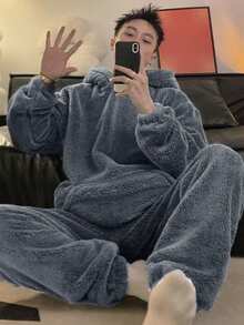 [Fast Shipping] [New For Spring/Summer] School Trip Loungewear, Loungewear, Fall/Winter, Ultra Warm, Soft To The Touch, Can Be Worn Outside, Perfect As A Gift For Friendships, Pullover Pajama Set, Thick, Loose Fit, Long Pants, Warm And Warm, Solid Color, Perfect For Students - 藏蓝色 - 查看 1