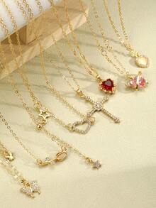 8件套Y2K复古风优雅心形水晶水钻、花朵、仿猫眼、十字架、蝴蝶、星星流苏吊坠Y型项链套装，时尚简约优雅复古设计，适合节日、派对、约会、送礼、日常佩戴 - 金黃色 - 查看 4