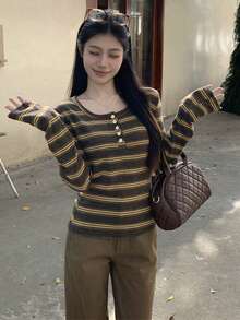Contrast Striped Button Decorated Slim Fit Long Sleeve T-Shirt, Vintage Style Layering Top (Stripe Pattern Random) Casual Spring - Brown - View 4