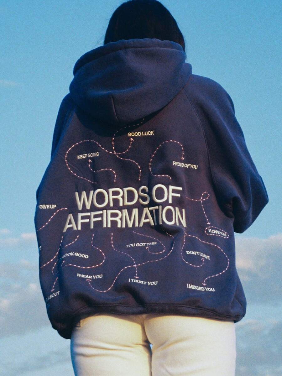Women Letter Embroidery Hoodie Teen Girls Cute Graphic Hooded Loose Preppy Y2K Long Sleeve Oversized Pullover Hoodie Tops Fall Winter - Màu xanh lam - Xem 1
