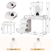 Dressing Table With Mirror And Stool Set, Modern Vanity Table Makeup Desk With 3 Color Lights Mirror & 5 Drawers, Bedroom White Dressing Table Set Cosmetics Dresser With Side Cabinet For Girls Women - 白色 - 查看 2