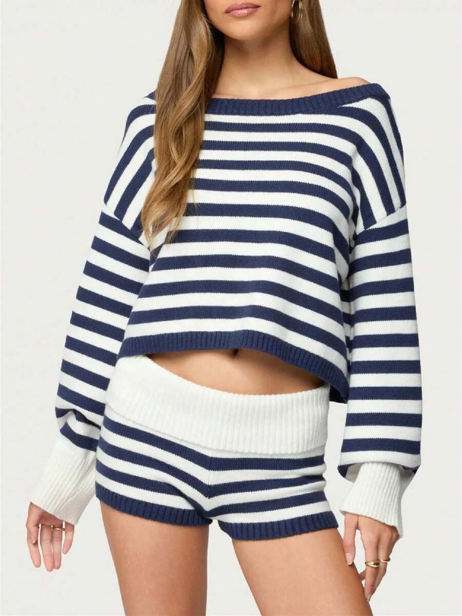 Women Striped Sweater Set Long Sleeve Sweater And Shorts Set 2 Piece Fall Matching Set Loungewear - Màu xanh hải quân - Xem 1