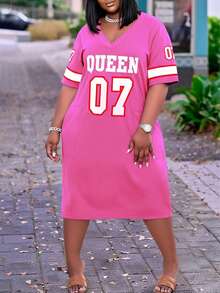 Summer Fashion Letter Print Loose V-Neck Dress - Hot Pink - View 4
