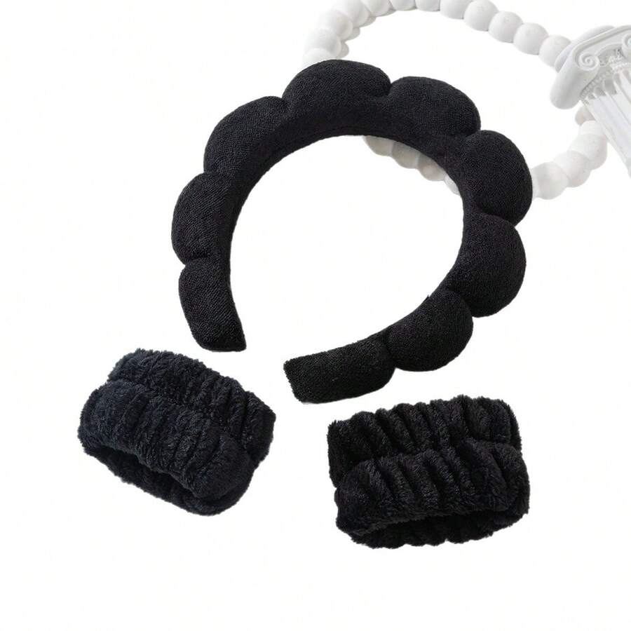 Set di fasce per capelli in spugna, fasce per il viso, fasce in pelliccia, e polsini per donne, accessori per capelli per la cura della bellezza a casa - nero - Visualizzare 1