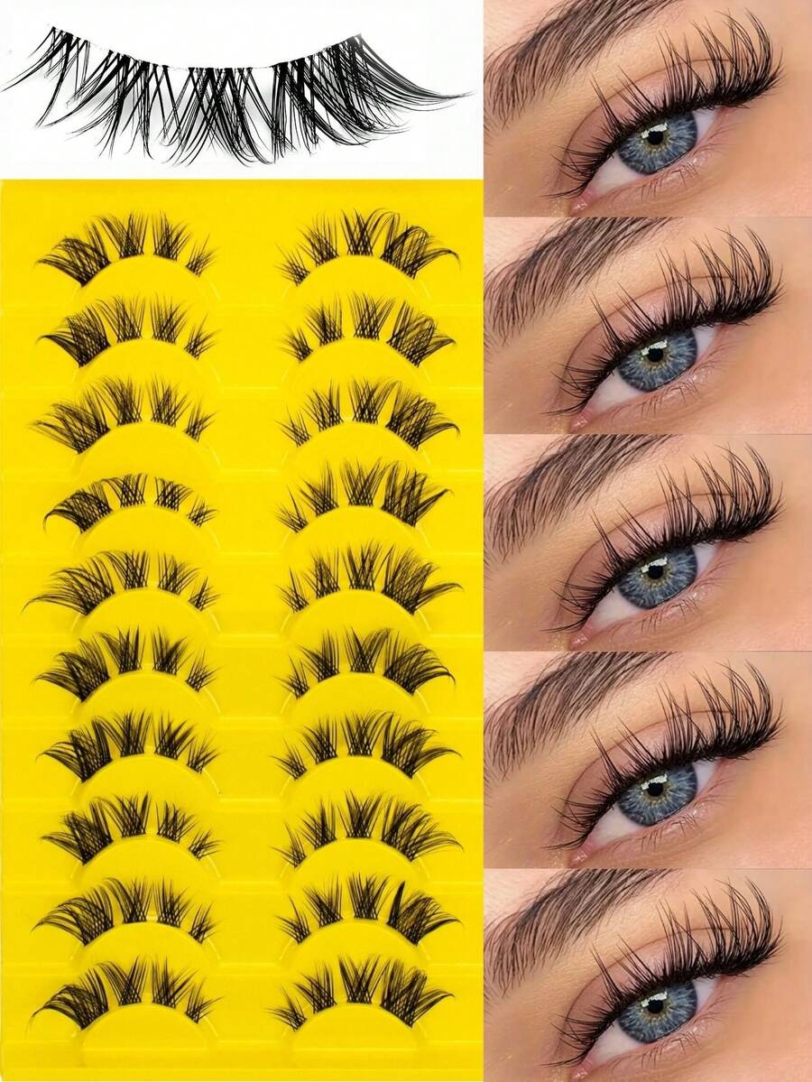 Fengxiu Eyelash 10对交叉式柔软假睫毛，蓬松自然的3D水貂毛假睫毛，可拉长或缩短睫毛，易于使用，适合初学者，约会旅行必备