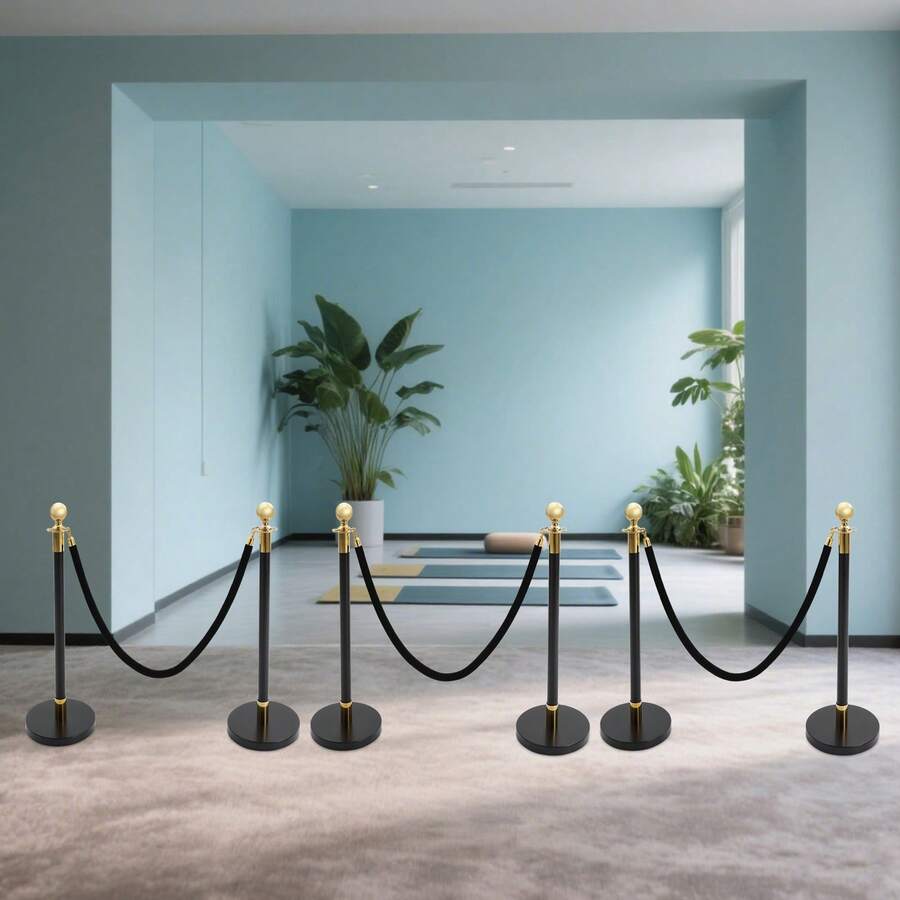 SanBouSi 6-Pack Barrier Post Kit With 4 Ropes, Stainless Steel, Black & Gold, Wind-Resistant Base, Easy Installation For Event Crowd Control & Queue Management - Gold and Black - View 1