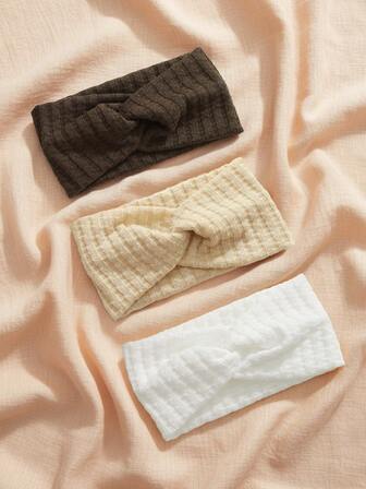 3pcs Newborn Baby Girls Waffle Knit Soft Twist Headbands, Neutral Capsule Wardrobe Color Baby Hair Accessories, Essential For Newborn Daily Outfit