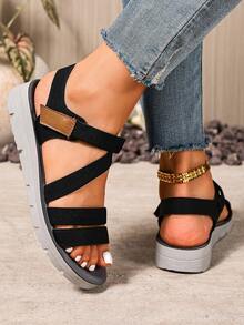 New Women's Versatile Contrast Color Hook And Loop Thick Sole Sandals, Suitable For Outdoor And Indoor Wear, Spring/Summer - Black - View 7