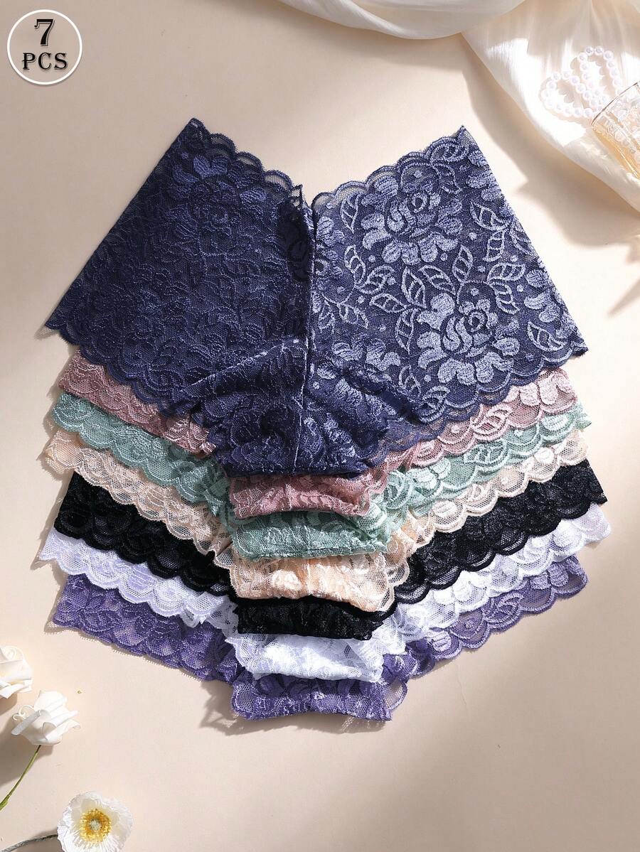 7pcs/Pack Women's Sexy Lace Patchwork Hipster Panties, Mid-Waist Seamless Design, Soft & Breathable, Tummy Control & Butt Lifting, Stretchy Fabric, Suitable For Yoga, Sports And Daily Wear