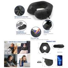 Inflatable Travel Pillow, Inflatable Neck Pillow Traveling Airplane, Travel Pillow With Soft Velour Washable Cover, U Shape Blow Neck Pillow Airplanes Train Car Travel - Xám đậm + Trung bình - Xem 1