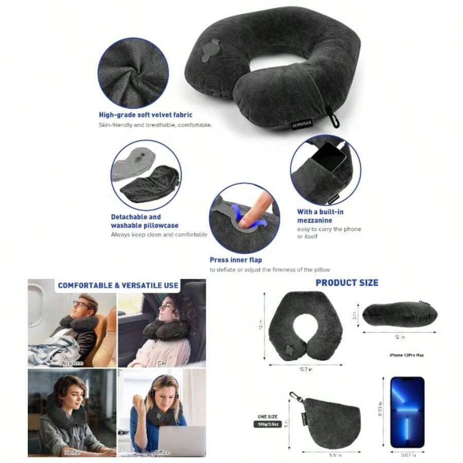 Inflatable Travel Pillow, Inflatable Neck Pillow Traveling Airplane, Travel Pillow With Soft Velour Washable Cover, U Shape Blow Neck Pillow Airplanes Train Car Travel - Xám đậm + Trung bình - Xem 1