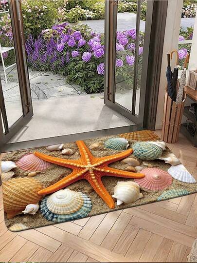 1件装橙黄色海星和彩色贝壳沙滩图案门垫，入口迎宾垫，法兰绒门垫，户外门垫，装饰小地毯，走廊地毯，客厅卧室地毯，家居装饰地板垫，室内门垫