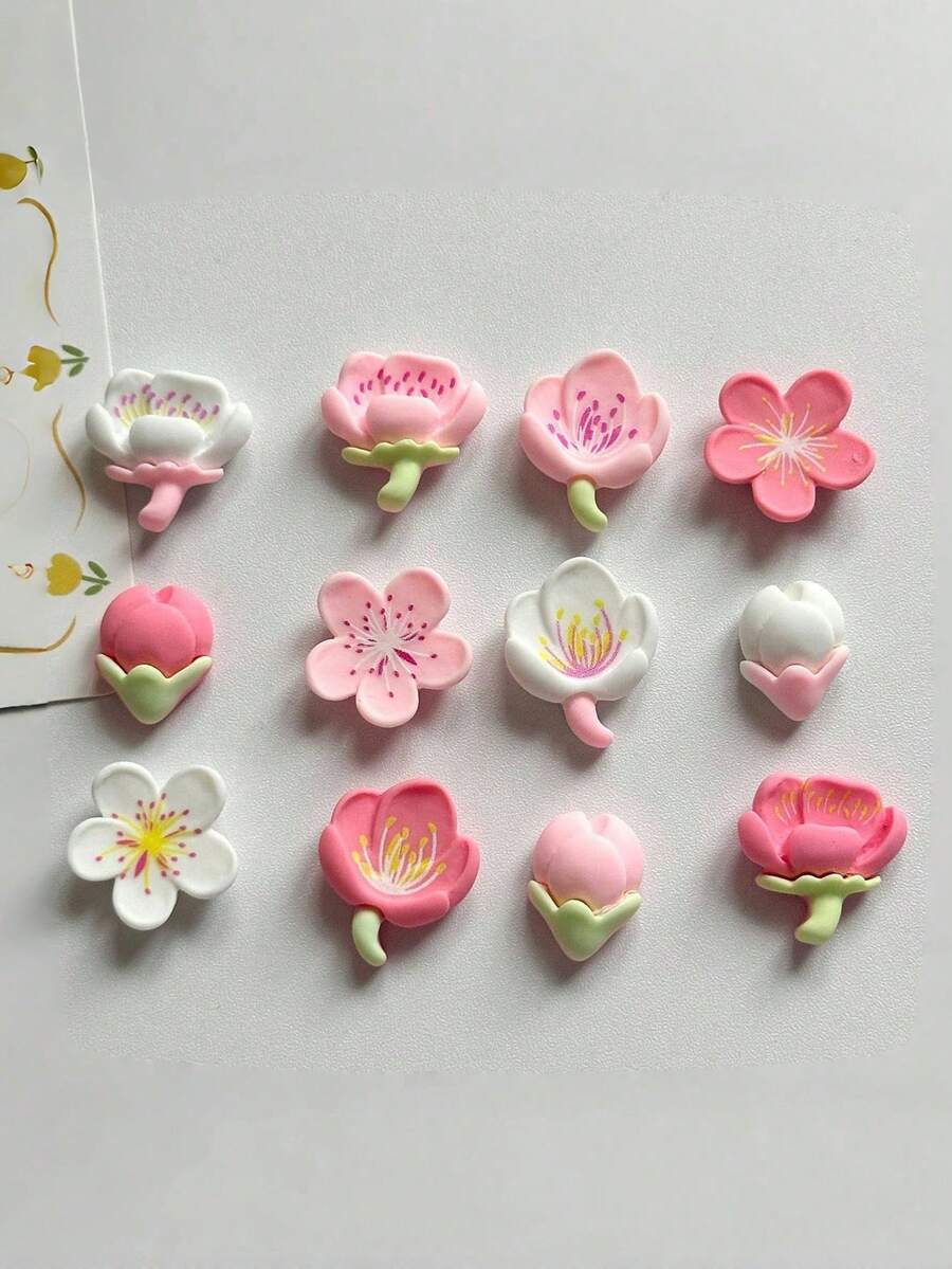 12pcs Sakura & Peach Blossom Shoe Charms Set, Suitable For Hollow Out Clogs & Beach Sandals